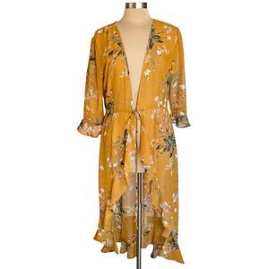 Charlotte Russe Mustard Floral Ruffled Kimono Tie Waist LARGE Boho Fall Casual